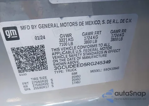 2024 Chevrolet Silverado 1500 4Wd Short Bed Rst z USA, uszkodzony, nr VIN 3GCUDEED5RG245349